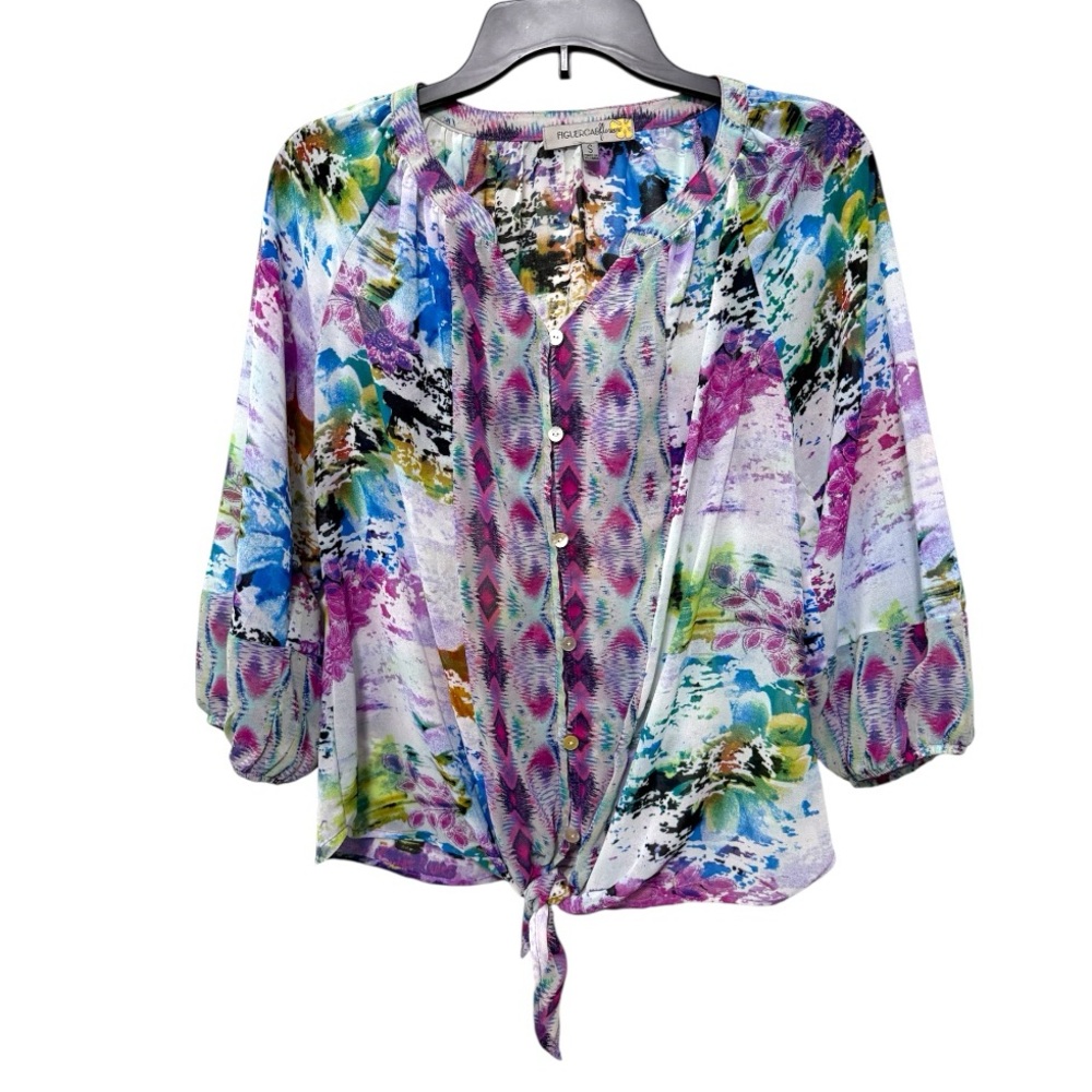 Figueroa & Flower Anthropologie Floral Sheer Button Down Knot Blouse Size Small